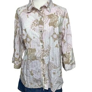 First Issue Liz Claiborne Button Shirt Women 1 Pink Tan Floral‎ Dobby Stripe 3/4